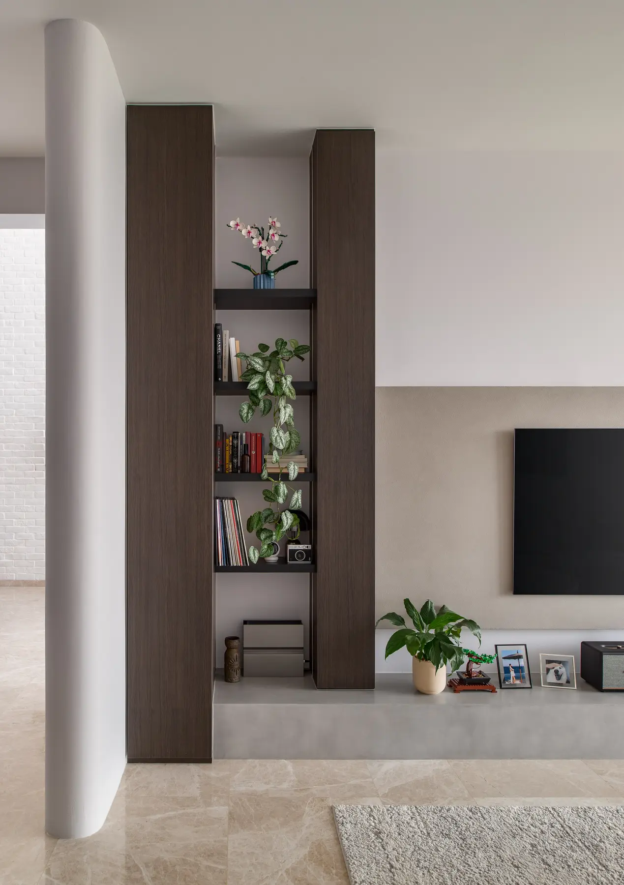 Living room — bookshelf tower beside the TV wall, plants and personal objects
