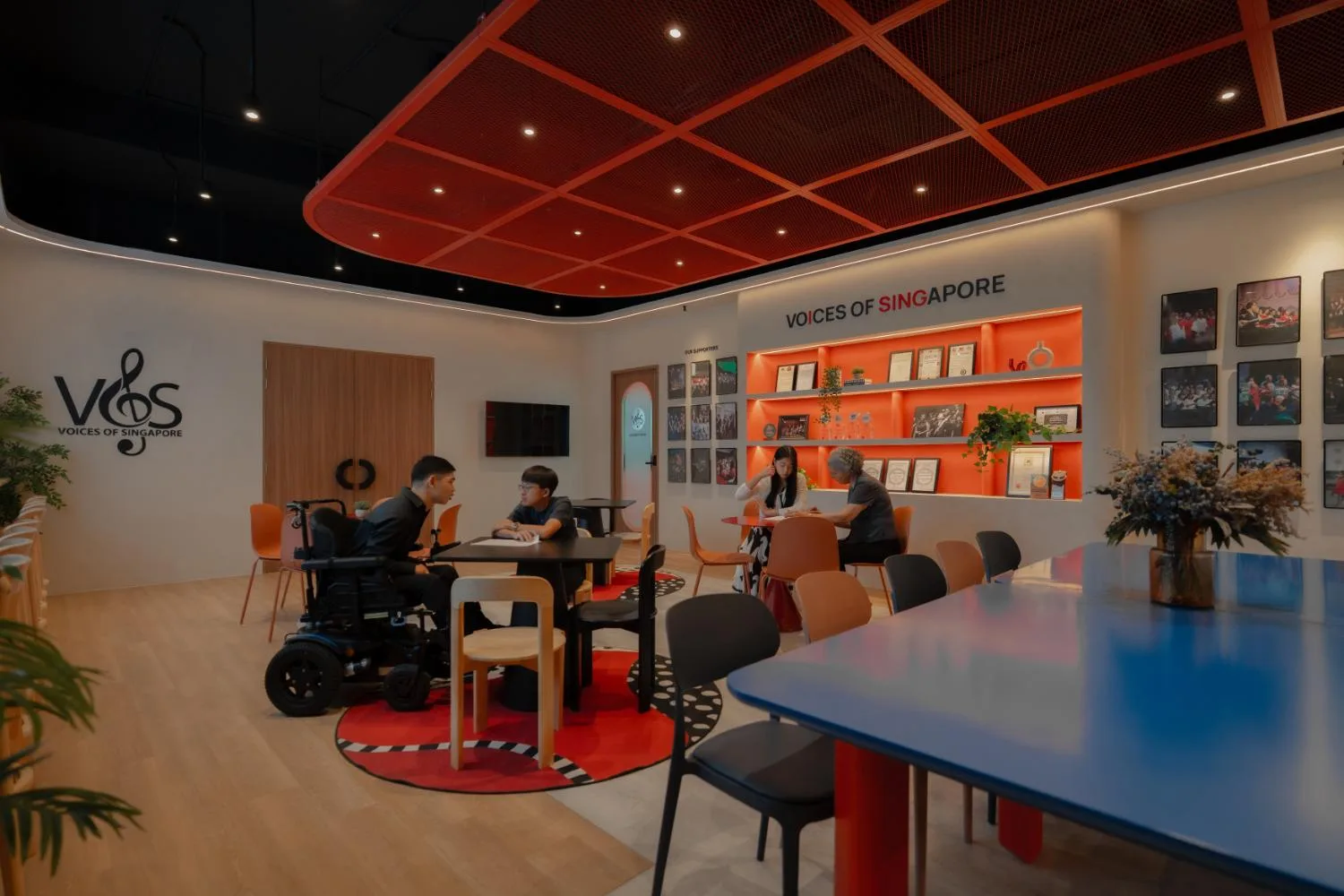 Open hub with bookshelves and natural light