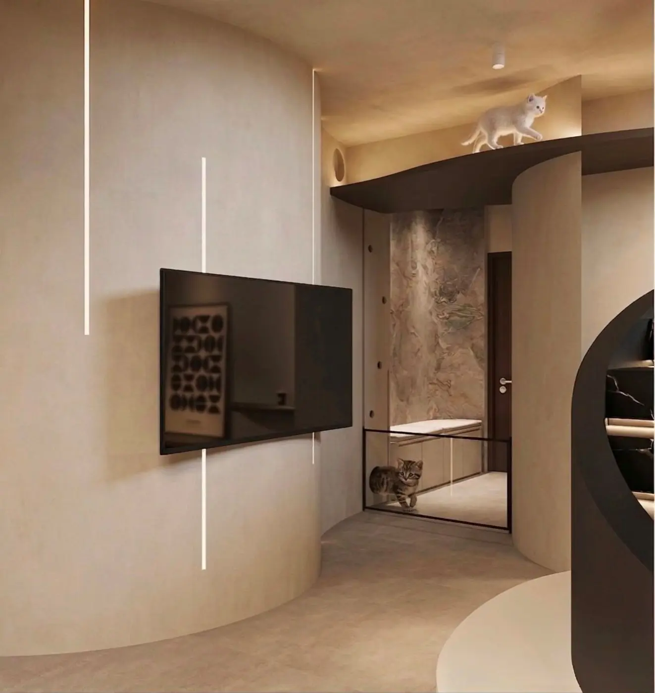 Staircase area — cats visible on the overhead beam walkway