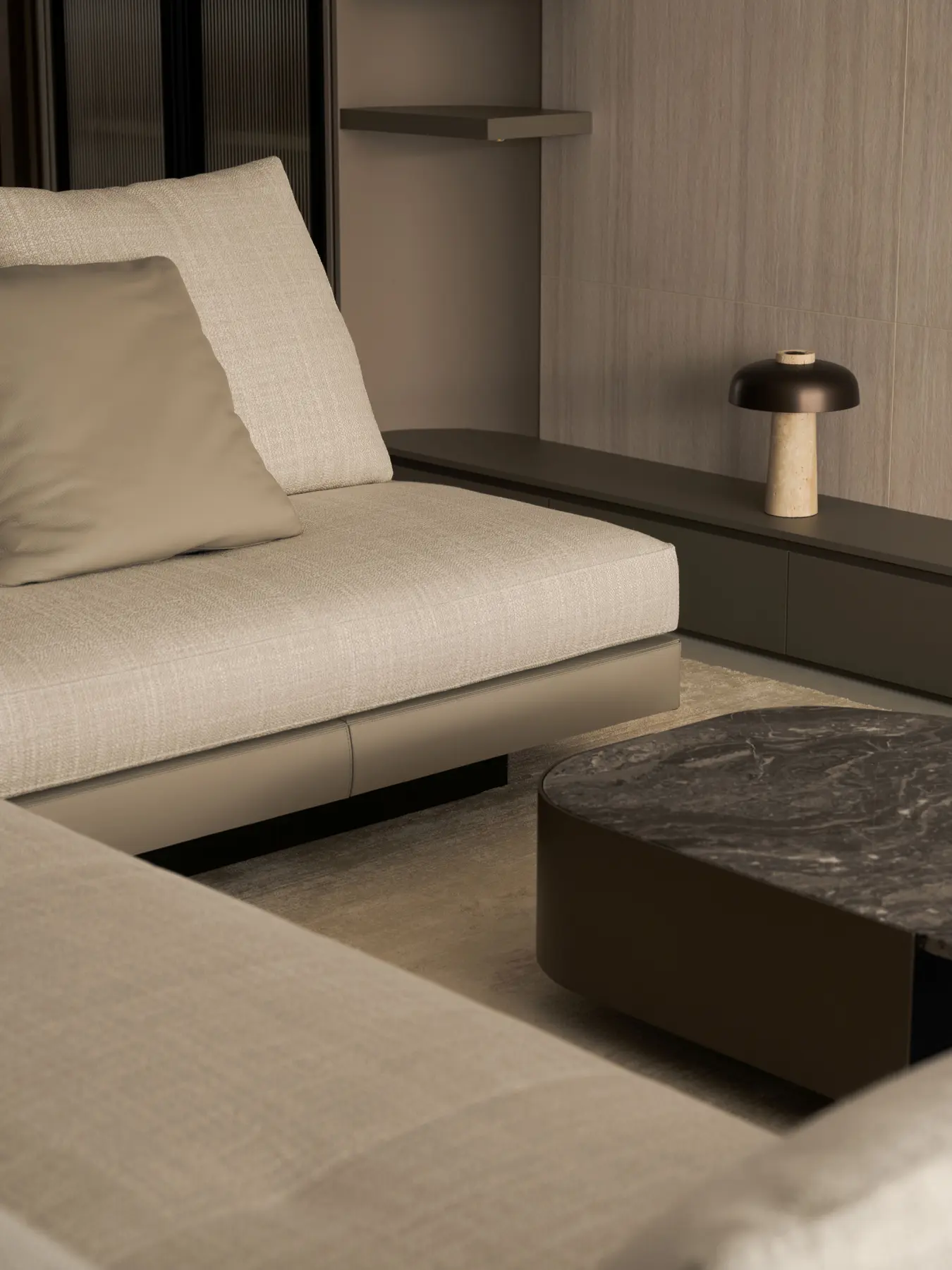 Living room — resident looking across to lounge chair, mushroom lamp and marble coffee table
