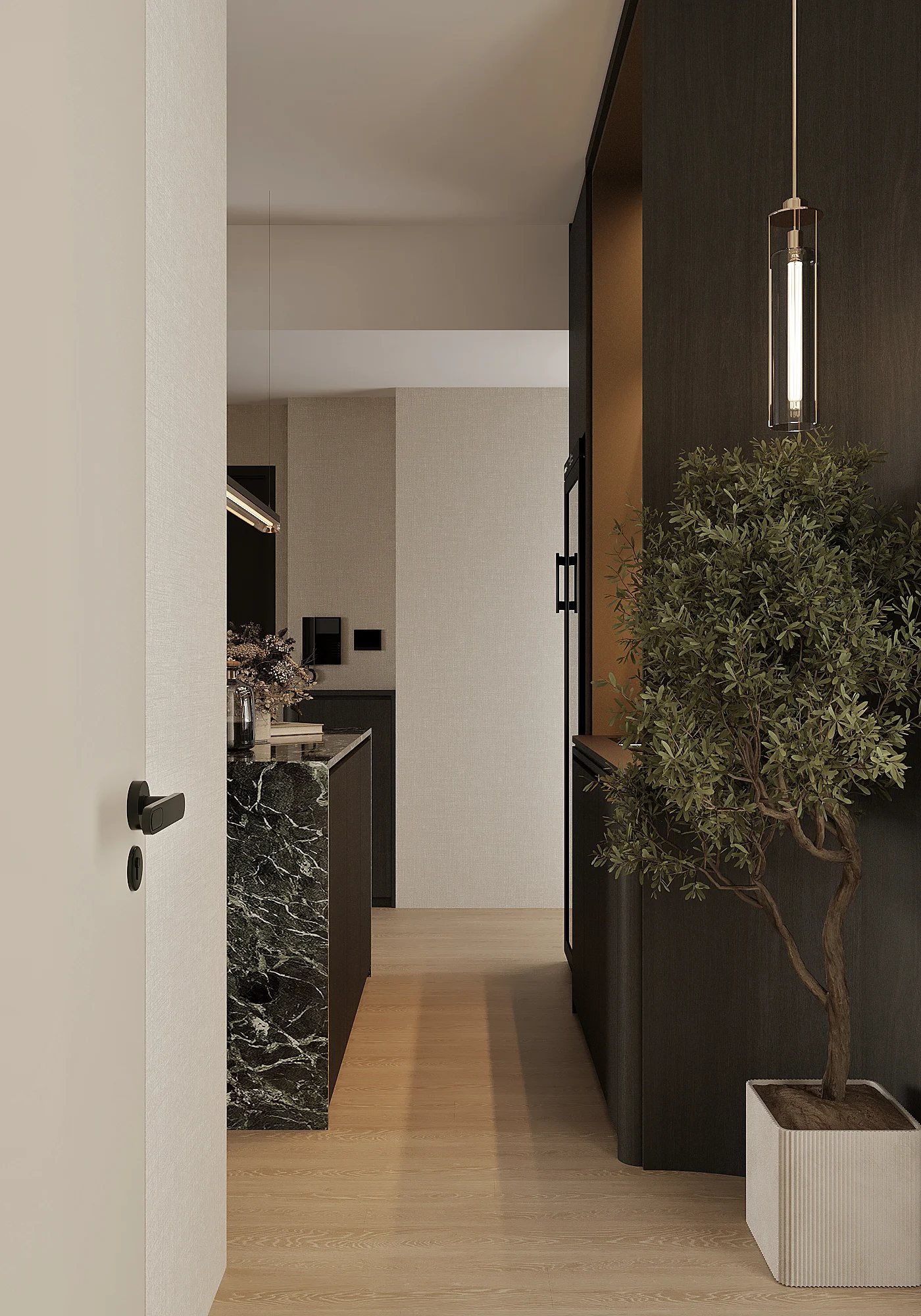 Arrival sequence looking toward the open pantry — the Verde marble island visible alongside deep timber cabinetry and a suspended pendant light