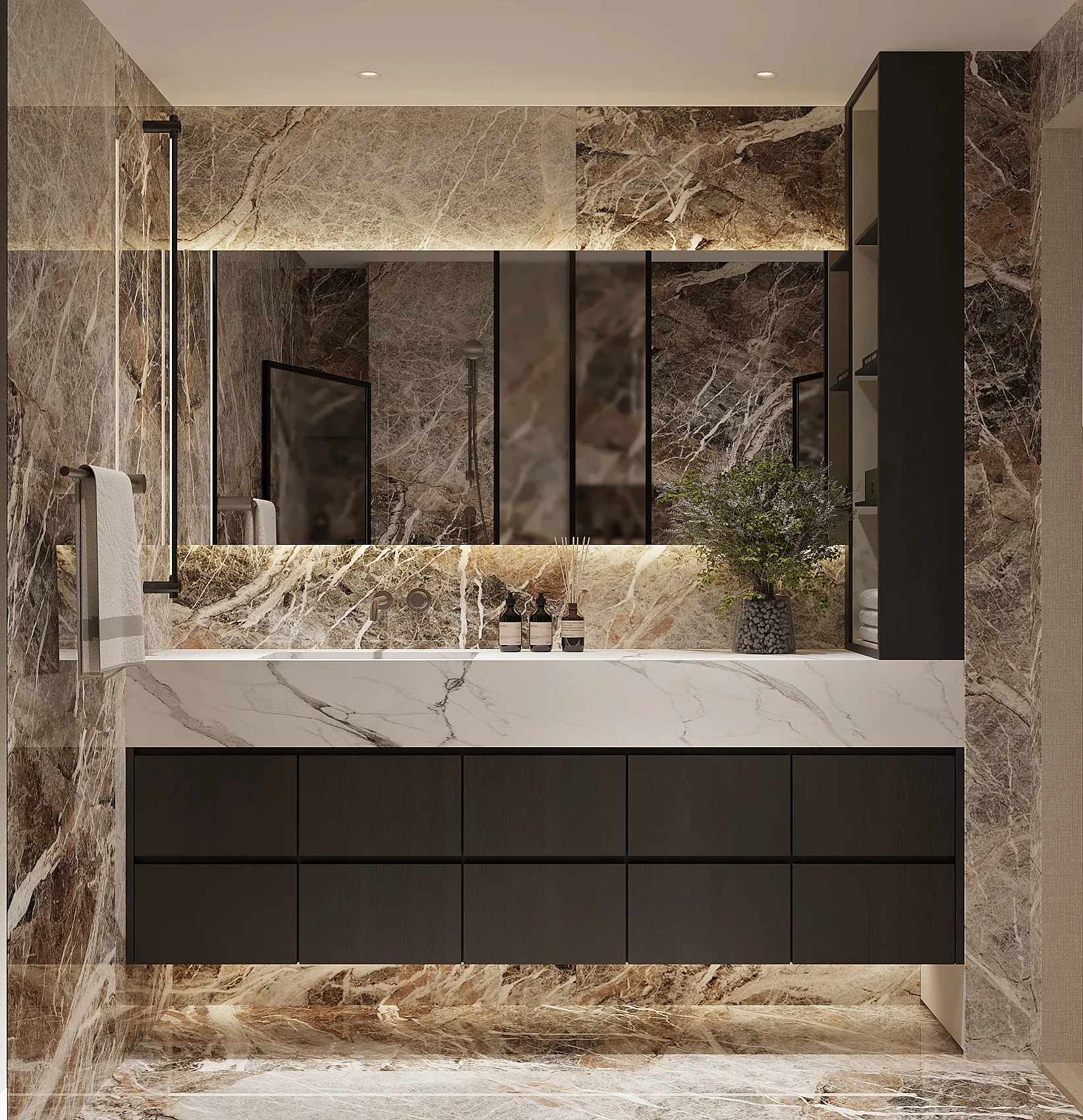 Bathroom vanity — richly veined stone surfaces wrap the walls, a floating dark cabinet below a wide illuminated mirror
