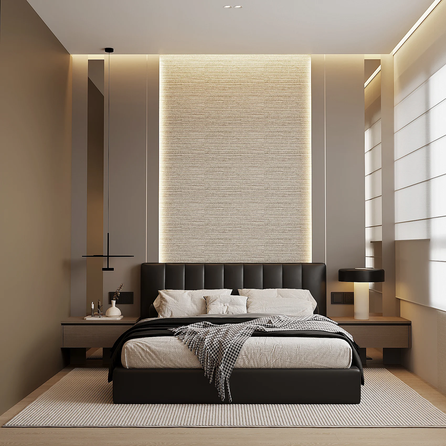Master bedroom — padded leather headboard against a full-height textured woven panel with warm cove backlighting, flanked by floating timber side tables and pendant lights