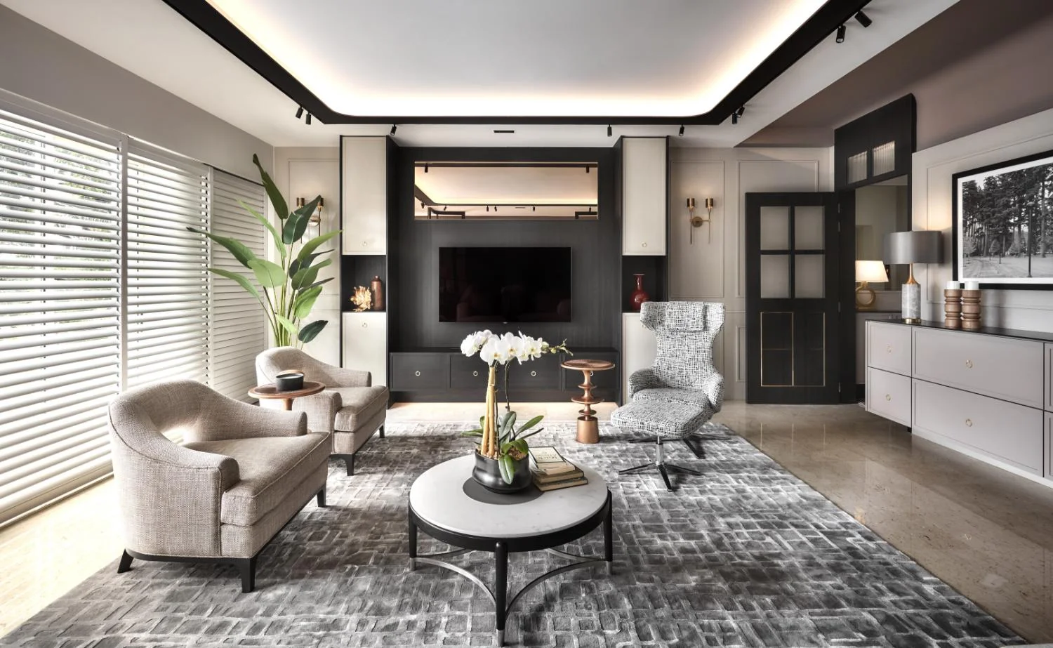 TV wall — dark timber panel, concealed TV recess, flanking shelving and ambient cove lighting